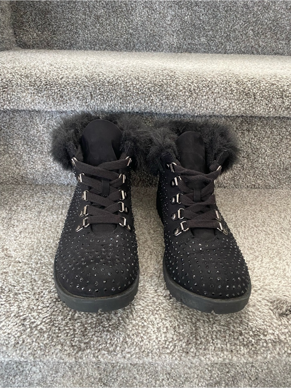 Women's Black Rhinestone Studded Combat Boots